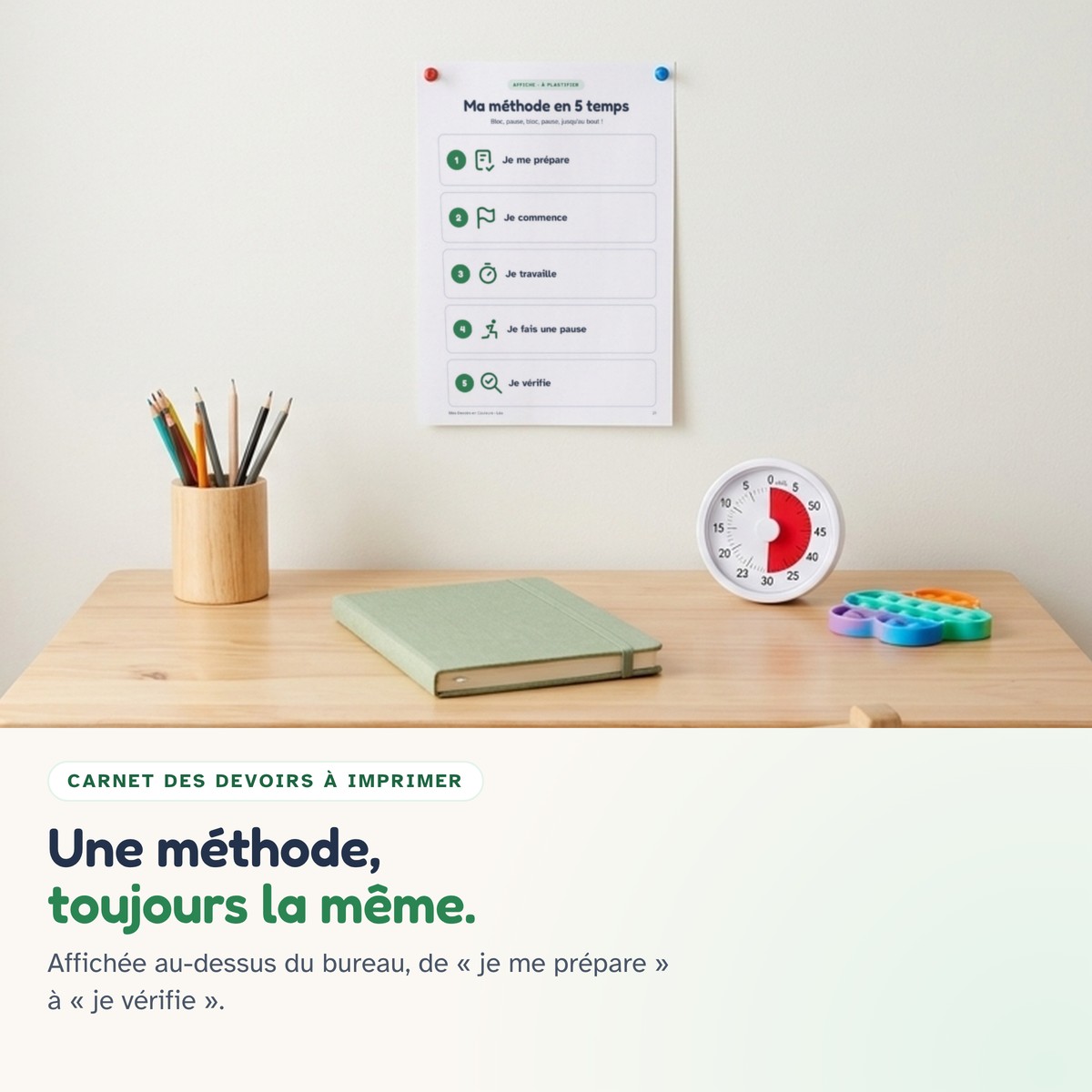 L'affiche « Ma méthode en 5 temps » imprimée et punaisée au mur, au-dessus d'un petit bureau d'enfant.