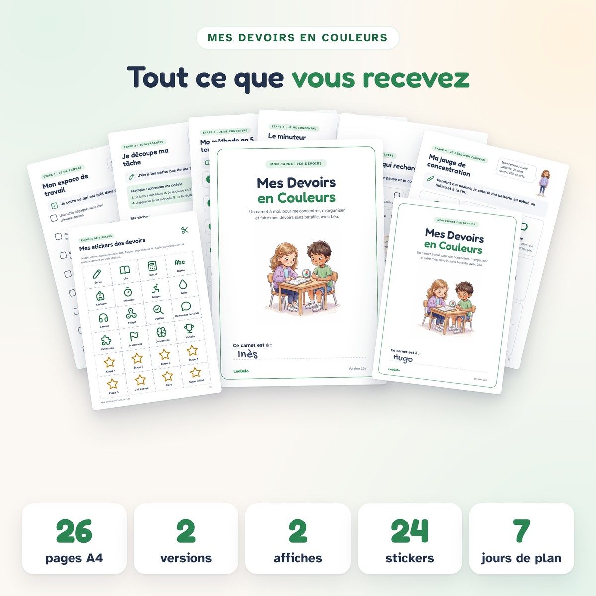 Les pages du carnet des devoirs à imprimer Mes Devoirs en Couleurs, la planche de stickers et le contenu du PDF