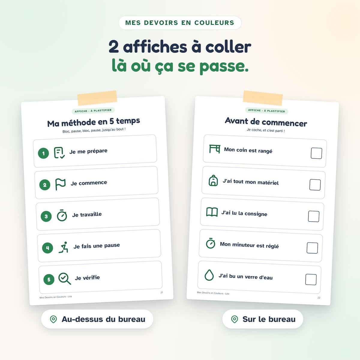 Les deux affiches du carnet Mes Devoirs en Couleurs : « Ma méthode en 5 temps » et « Avant de commencer »
