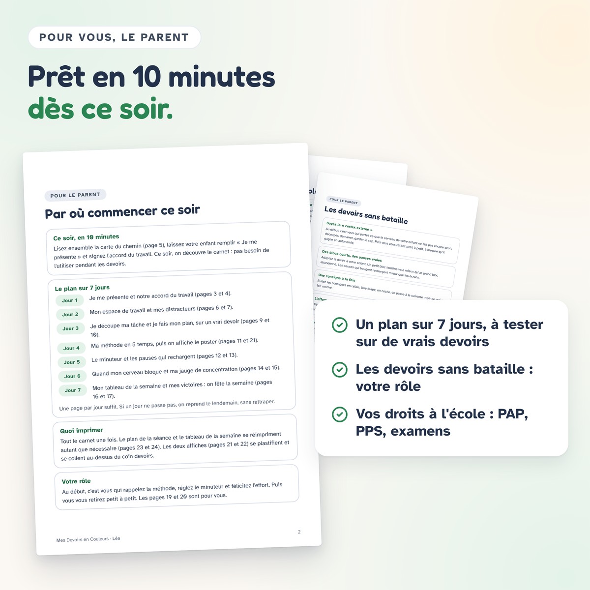 Les pages pour le parent du carnet Mes Devoirs en Couleurs, dont « Par où commencer ce soir »