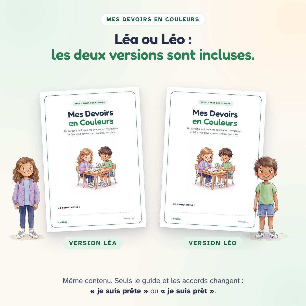 Les couvertures du carnet en version Léa et en version Léo.