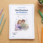 Couverture du carnet Mes Émotions en Couleurs, imprimée, sur une pile de feuilles