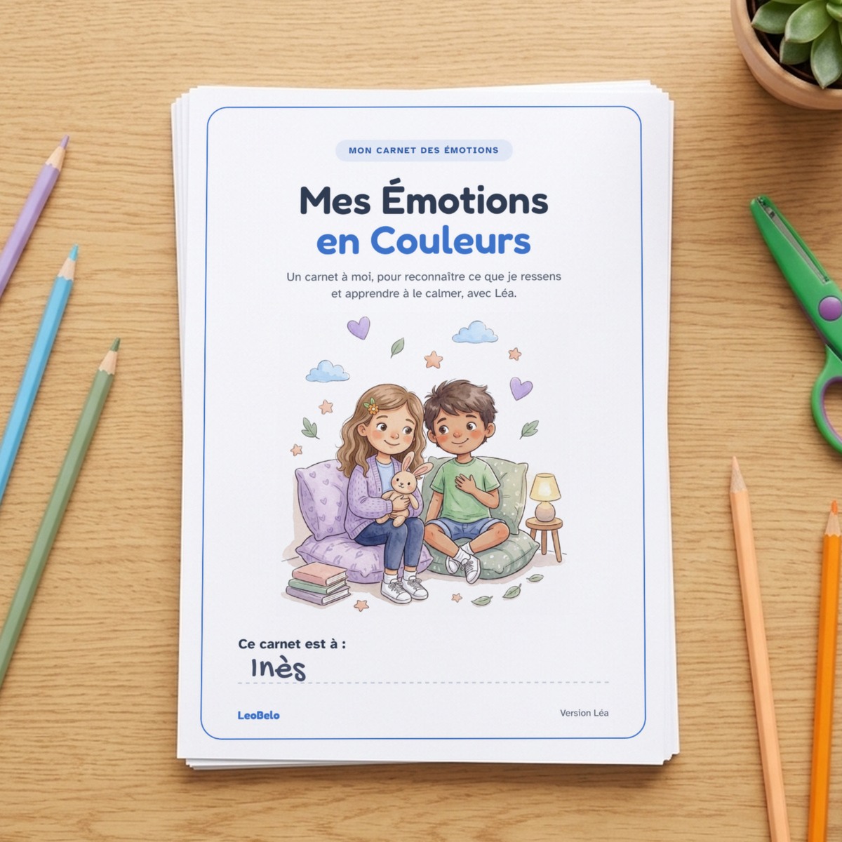 Couverture du carnet Mes Émotions en Couleurs, imprimée, sur une pile de feuilles : Léa et Léo assis sur des coussins