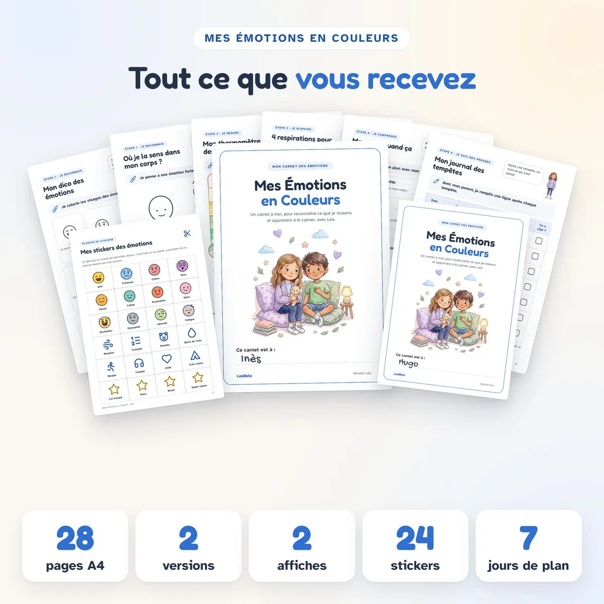 Les pages du carnet des émotions à imprimer Mes Émotions en Couleurs, la planche de stickers et le contenu du PDF