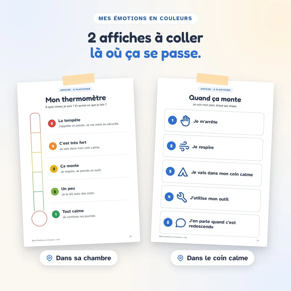 Les deux affiches du carnet Mes Émotions en Couleurs : « Mon thermomètre » et « Quand ça monte »