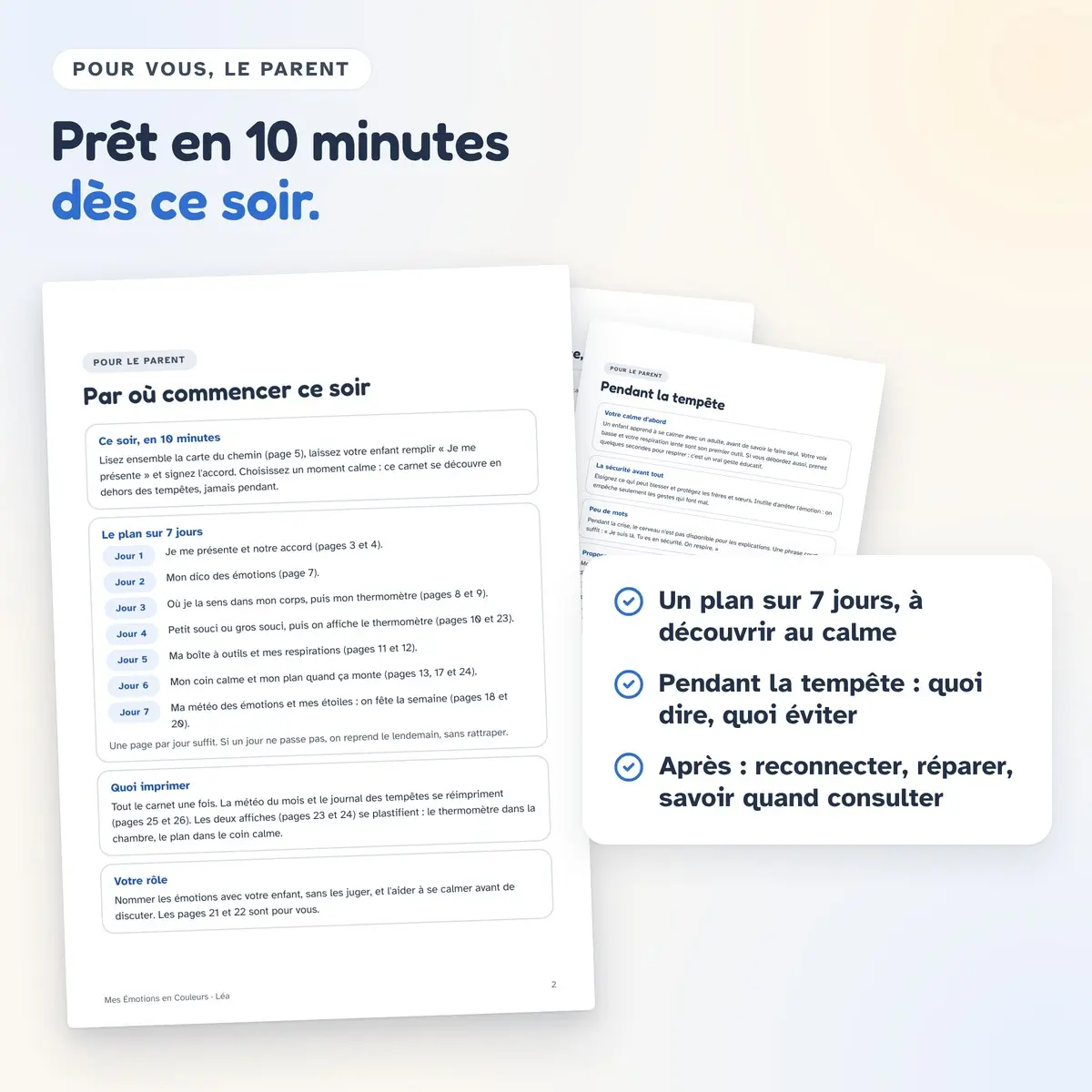 Les pages pour le parent du carnet Mes Émotions en Couleurs, dont « Par où commencer ce soir »