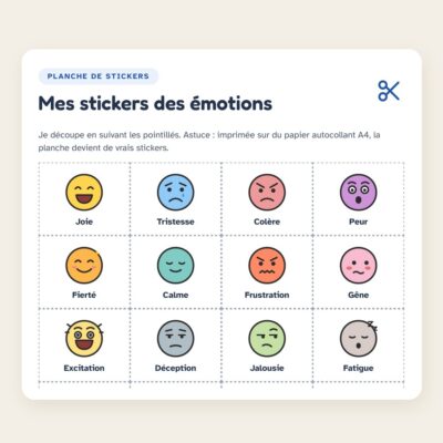 Planche de stickers émotions à découper : chacun des cinq carnets a sa propre planche