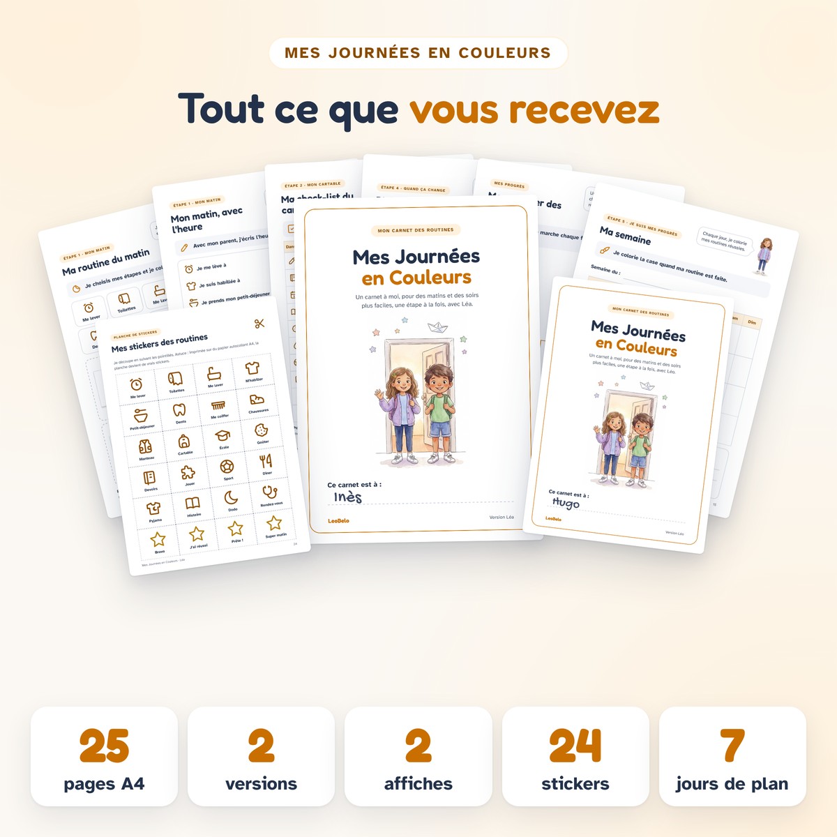 Les pages du carnet de routines à imprimer Mes Journées en Couleurs, la planche de stickers et le contenu du PDF