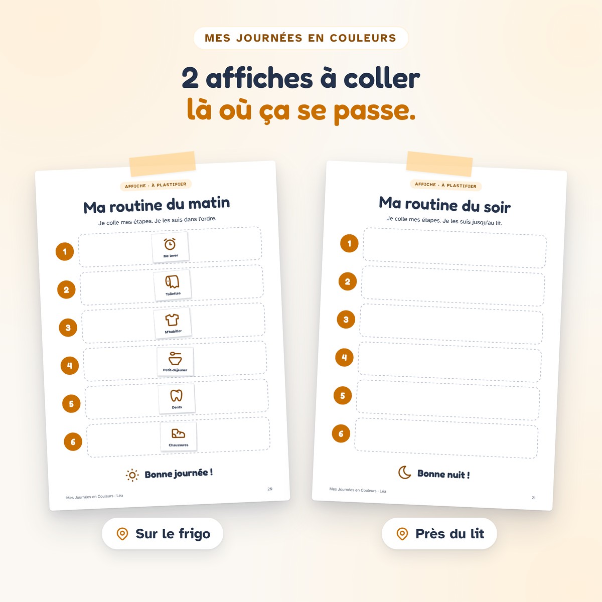 Les deux affiches du carnet Mes Journées en Couleurs : « Ma routine du matin » et « Ma routine du soir »