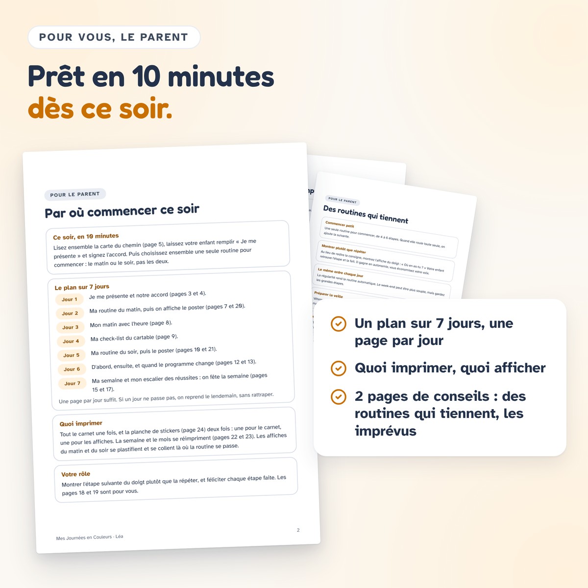 Les pages pour le parent du carnet Mes Journées en Couleurs, dont « Par où commencer ce soir »