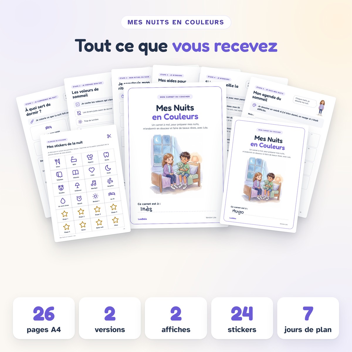 Les pages du carnet du coucher à imprimer Mes Nuits en Couleurs, la planche de stickers et le contenu du PDF