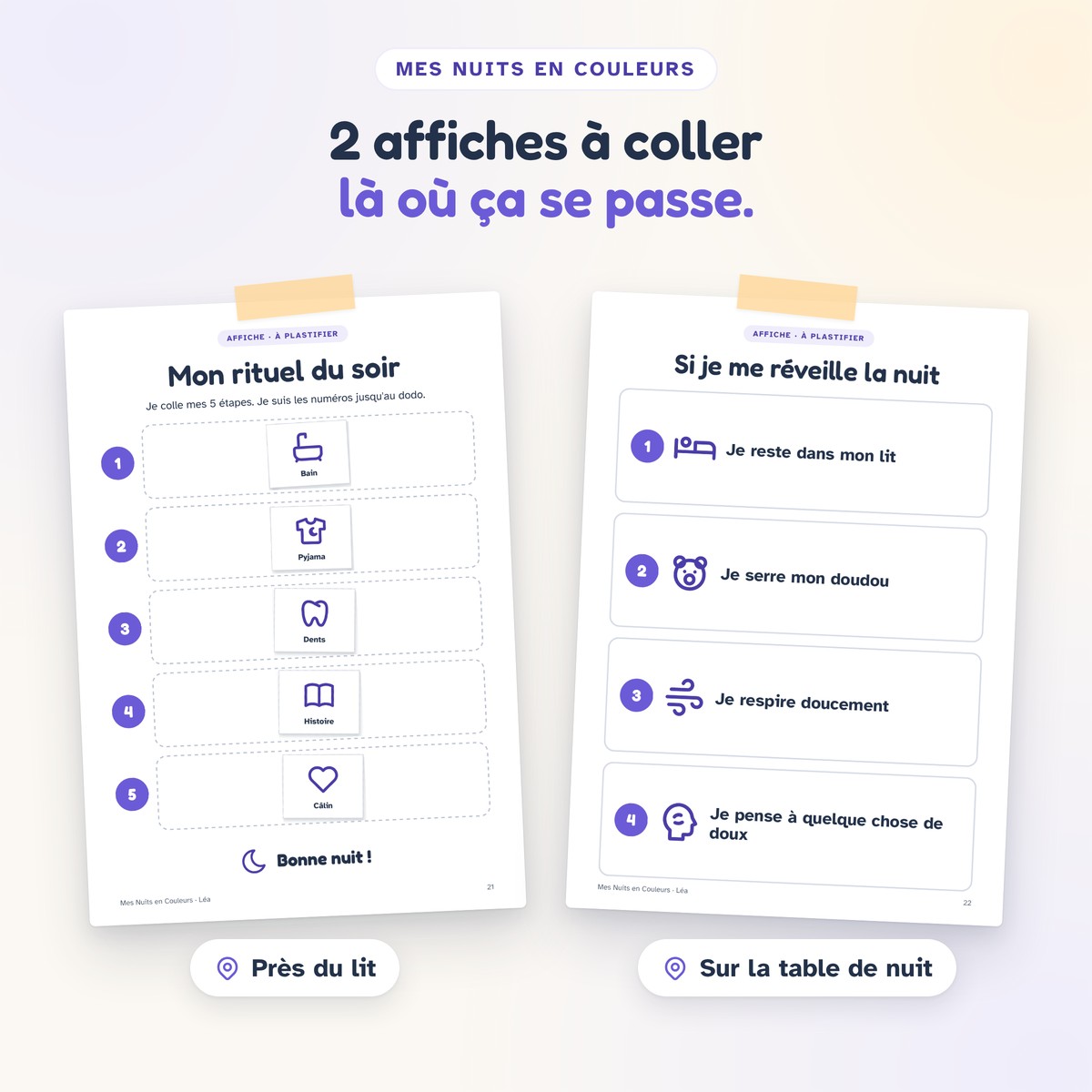 Les deux affiches du carnet : « Mon rituel du soir » et « Si je me réveille la nuit ».