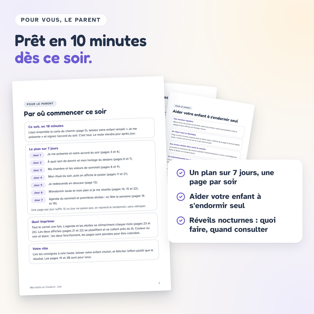 Les pages pour le parent du carnet Mes Nuits en Couleurs, dont « Par où commencer ce soir »