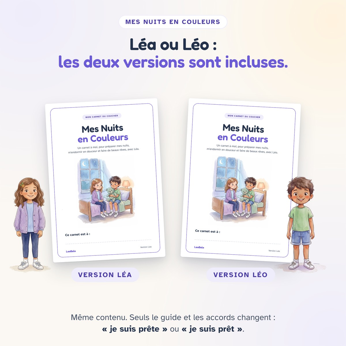 Le carnet Mes Nuits en Couleurs en version Léa et en version Léo