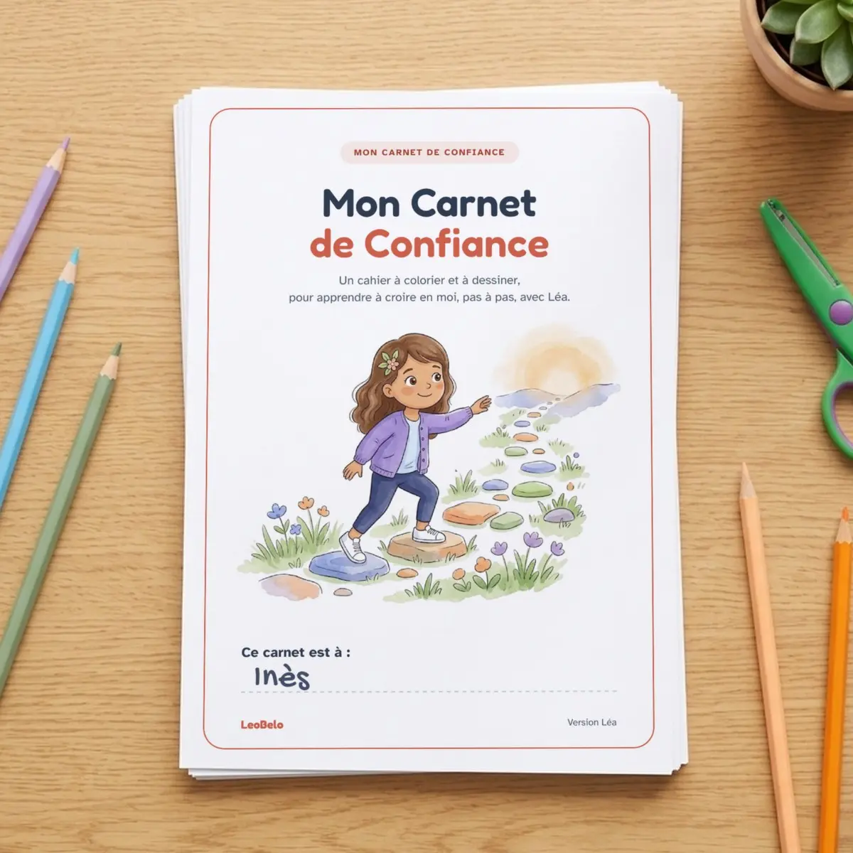 Couverture de Mon Carnet de Confiance, imprimée, sur une pile de feuilles : Léa avance sur un chemin de pierres vers le soleil