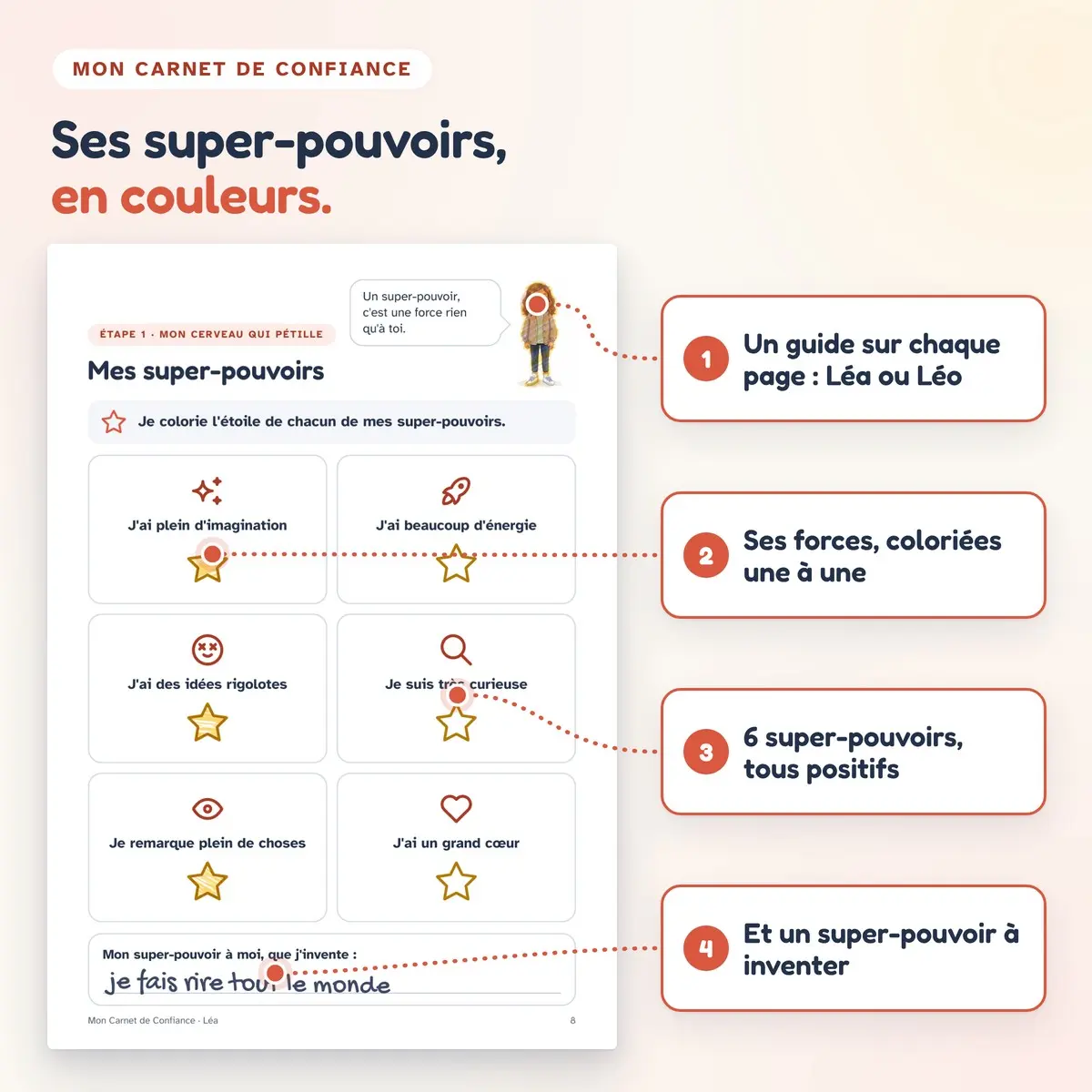 Page « Mes super-pouvoirs » avec des étoiles coloriées, et ses légendes