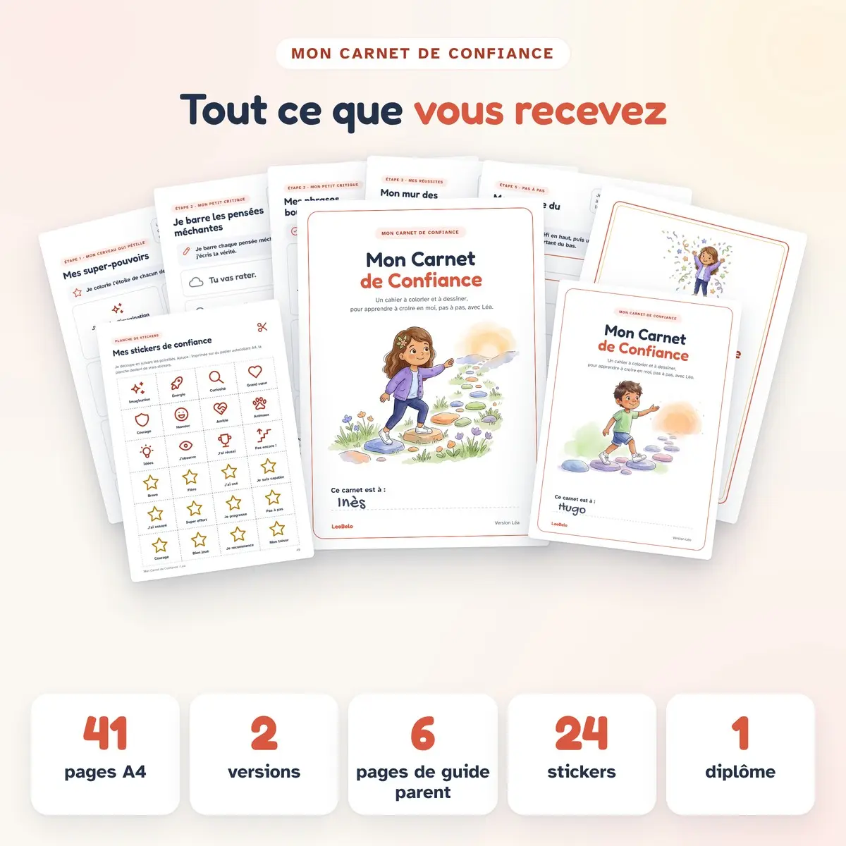 Les pages du cahier confiance en soi à imprimer Mon Carnet de Confiance, la planche de stickers et le contenu du PDF