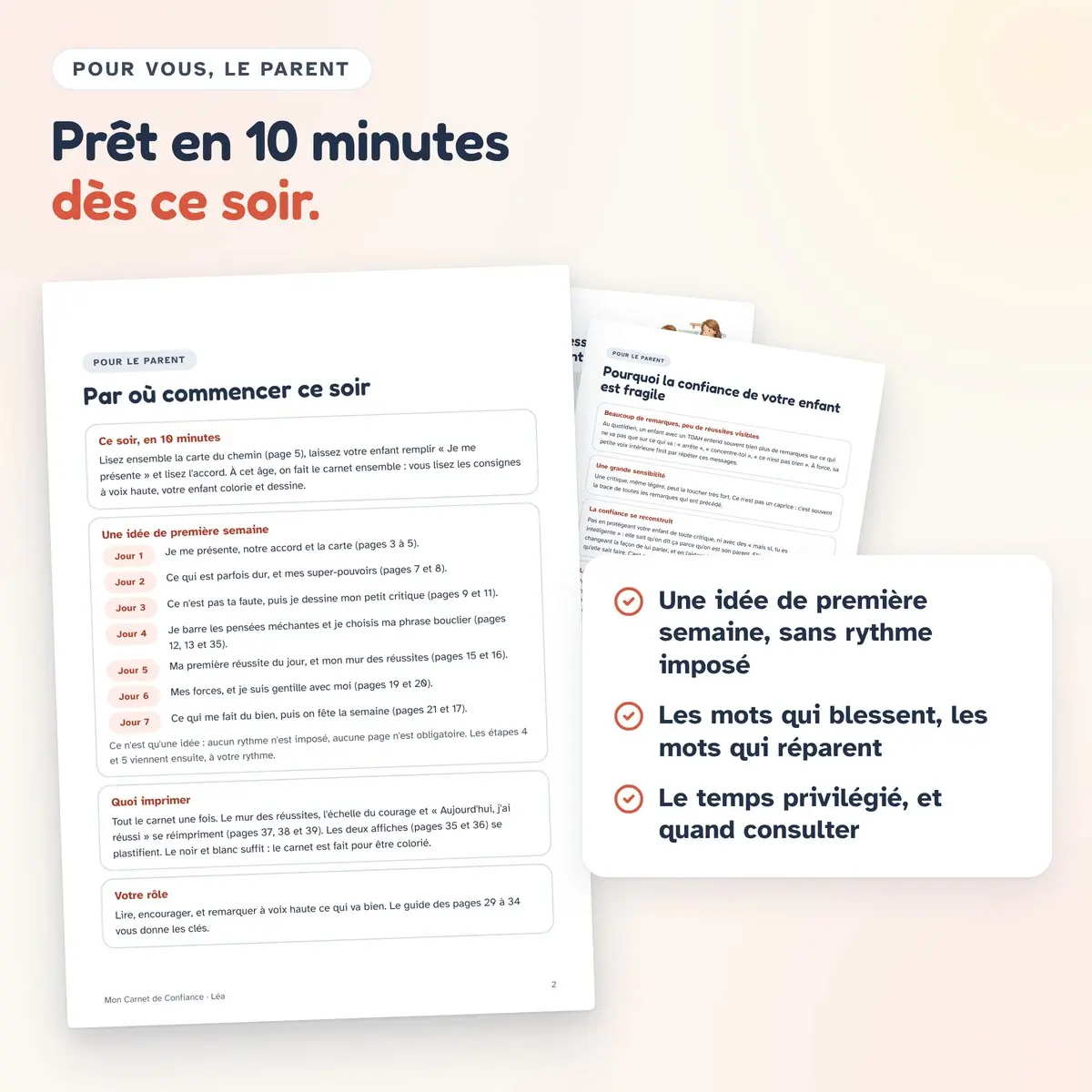 Les pages pour le parent de Mon Carnet de Confiance, dont « Par où commencer ce soir »