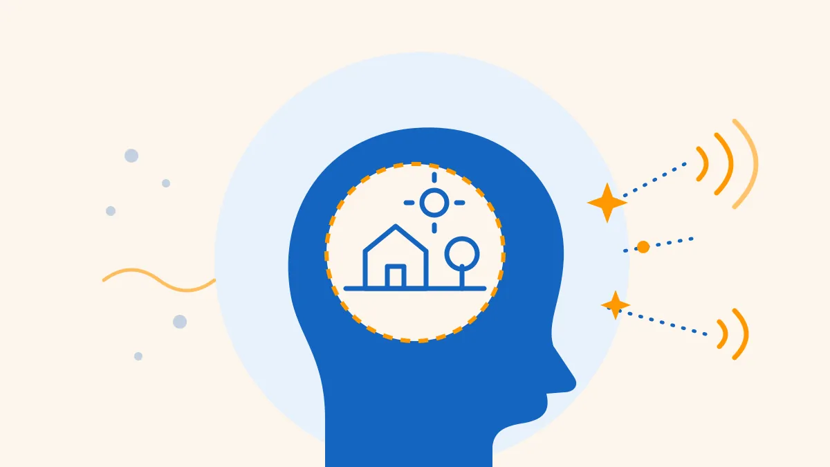 Illustration d'une tête d'enfant de profil avec, à l'intérieur, une bulle où le cerveau imagine une maison et un arbre, pendant que des sons et des signaux arrivent de l'extérieur