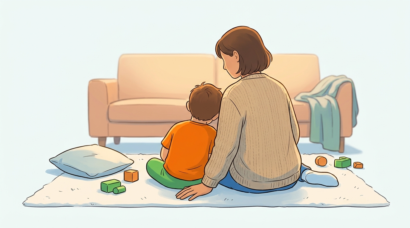 Un parent et son enfant assis côte à côte sur un tapis du salon, au calme juste après une crise de colère