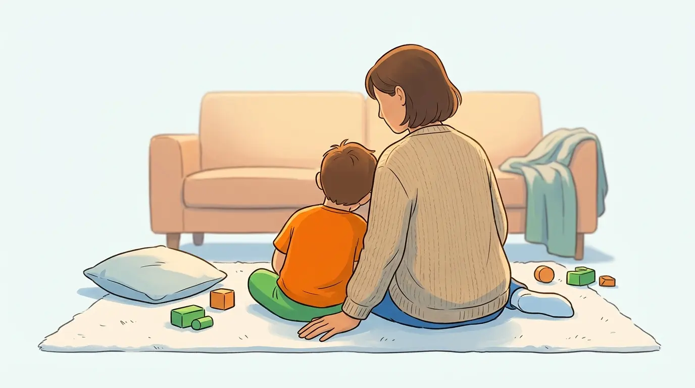 Un parent et son enfant assis côte à côte sur un tapis du salon, au calme juste après une crise de colère