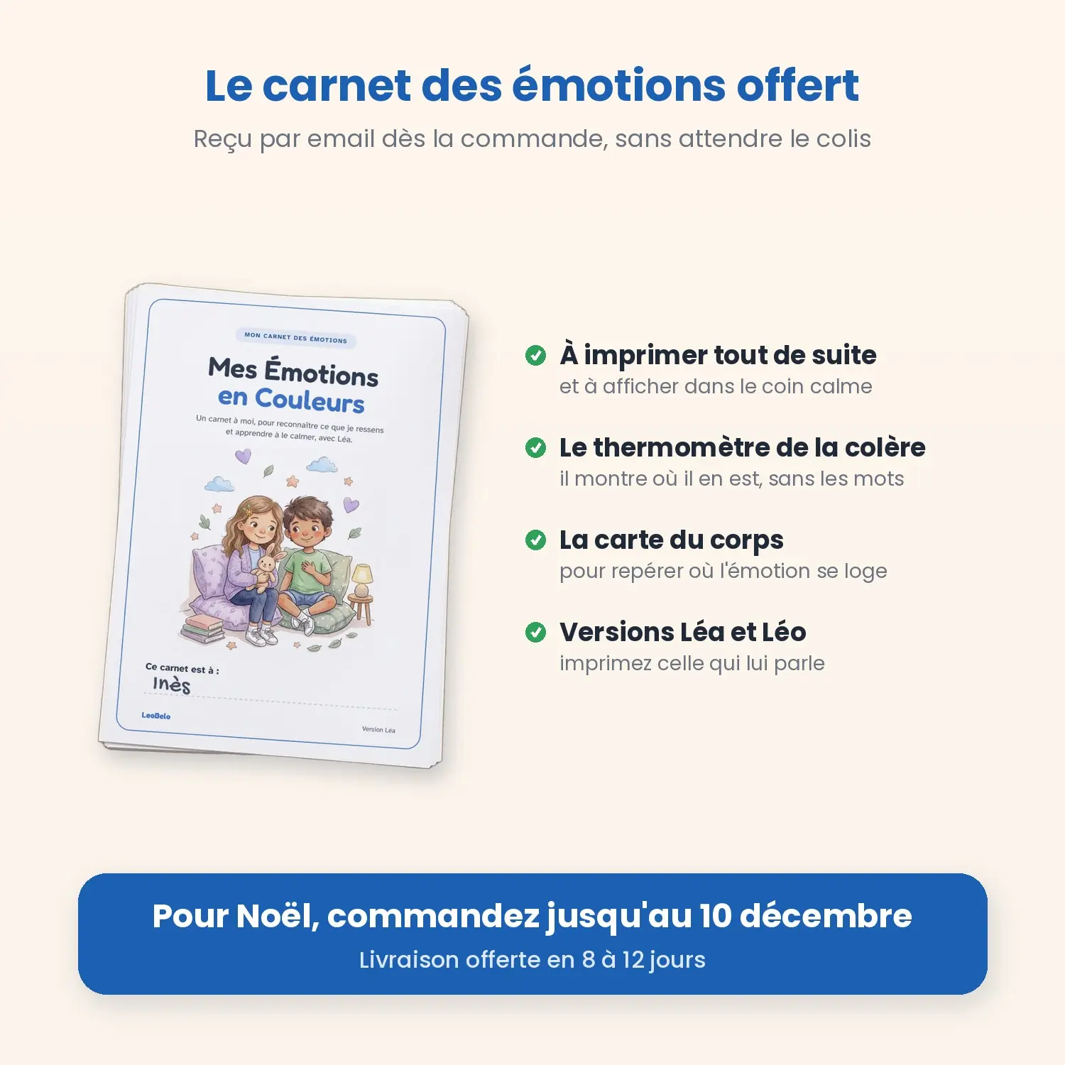 Carnet des émotions Mes Émotions en Couleurs offert avec le Kit Retour au calme, reçu par email, versions Léa et Léo, à commander jusqu'au 10 décembre pour Noël
