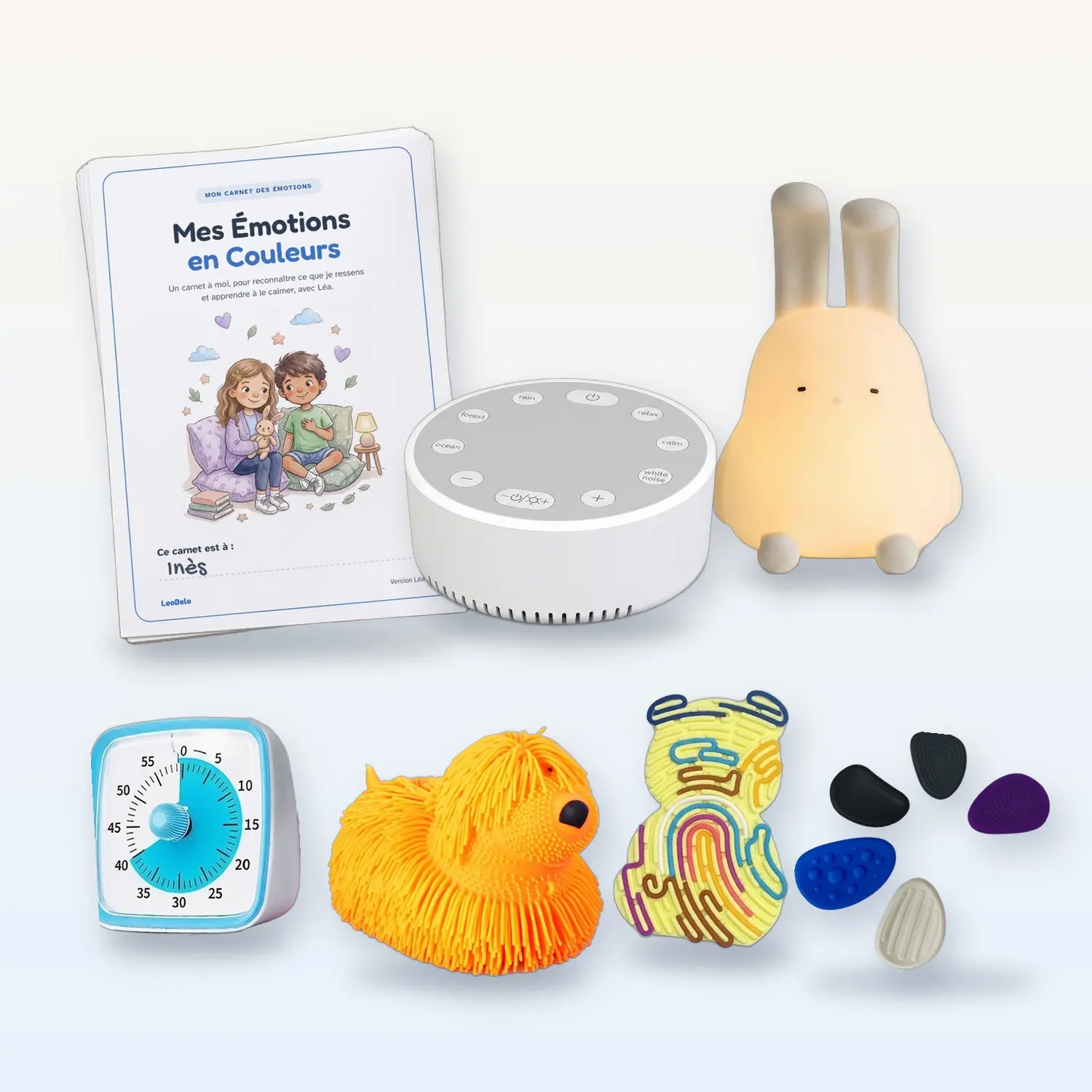 Kit Retour au calme : veilleuse lapin, bruit blanc, minuteur visuel, chien à filaments, labyrinthe, galets à frotter et carnet des émotions