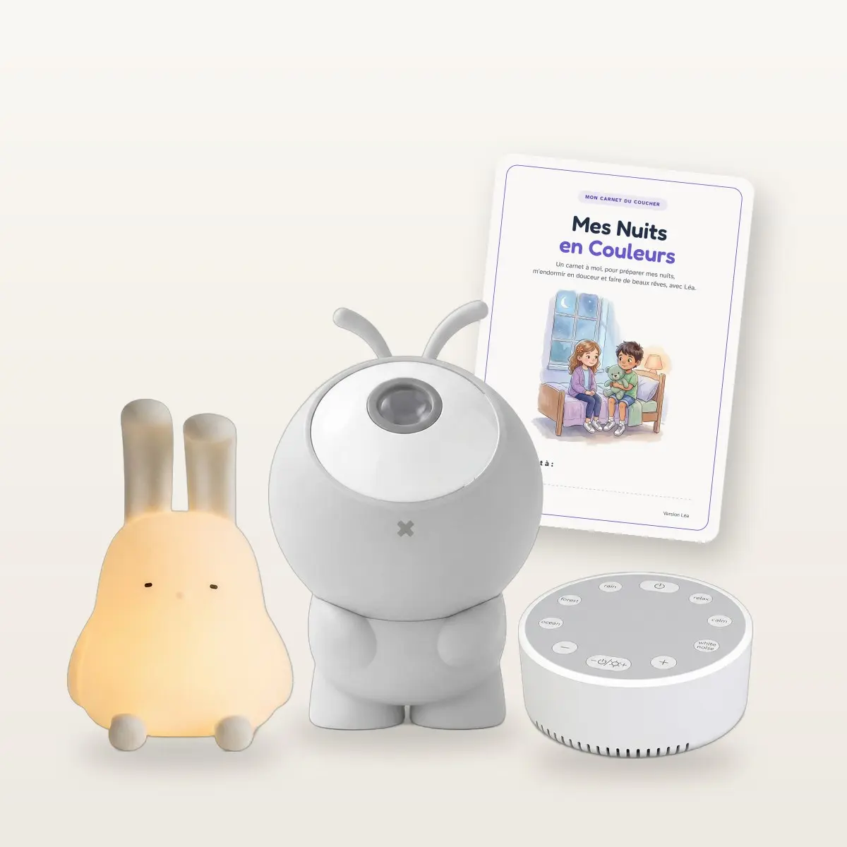 Kit Nuit étoilée : veilleuse lapin, projecteur d'étoiles, bruit blanc et carnet du coucher