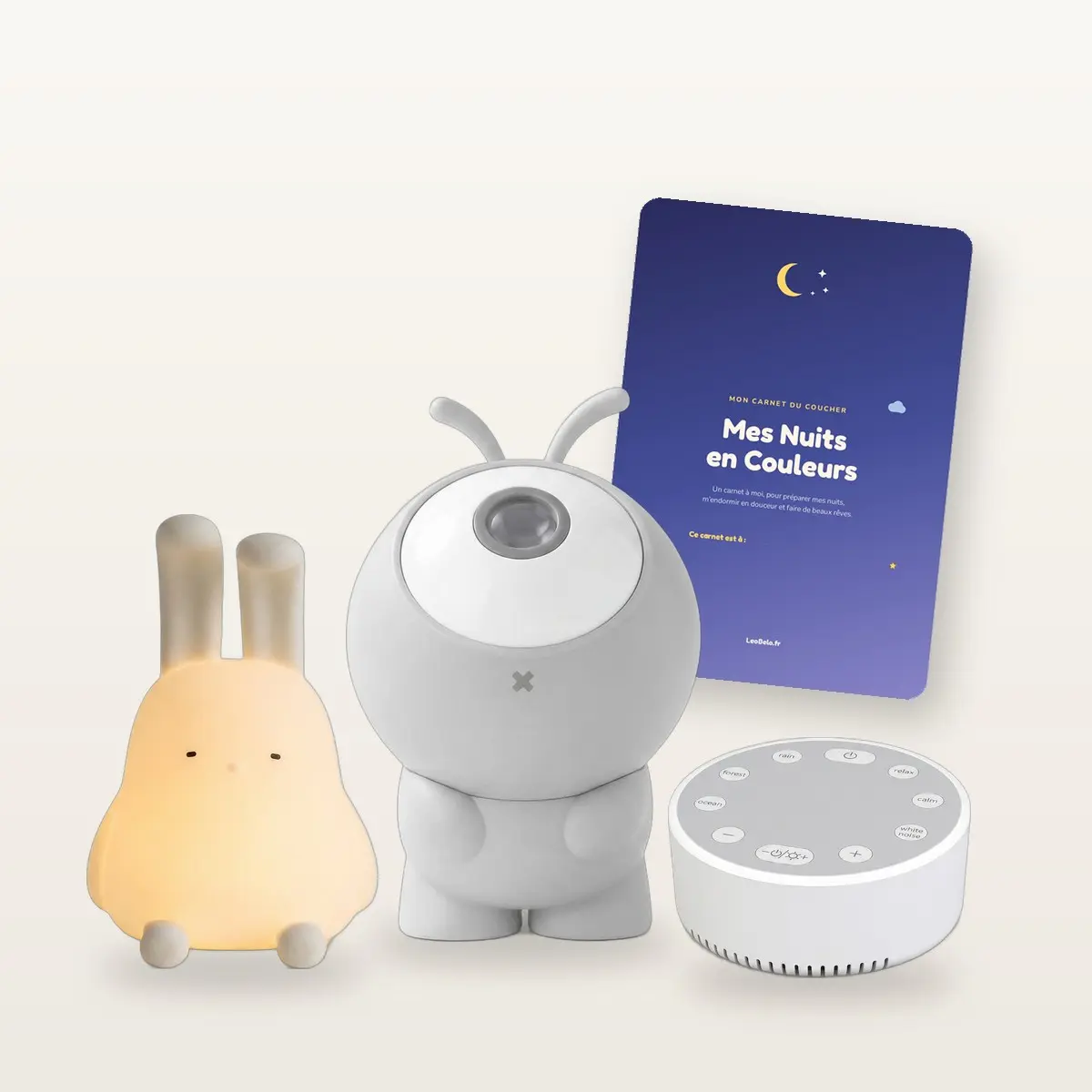 Kit Nuit étoilée : veilleuse lapin, projecteur d'étoiles, bruit blanc et carnet du coucher