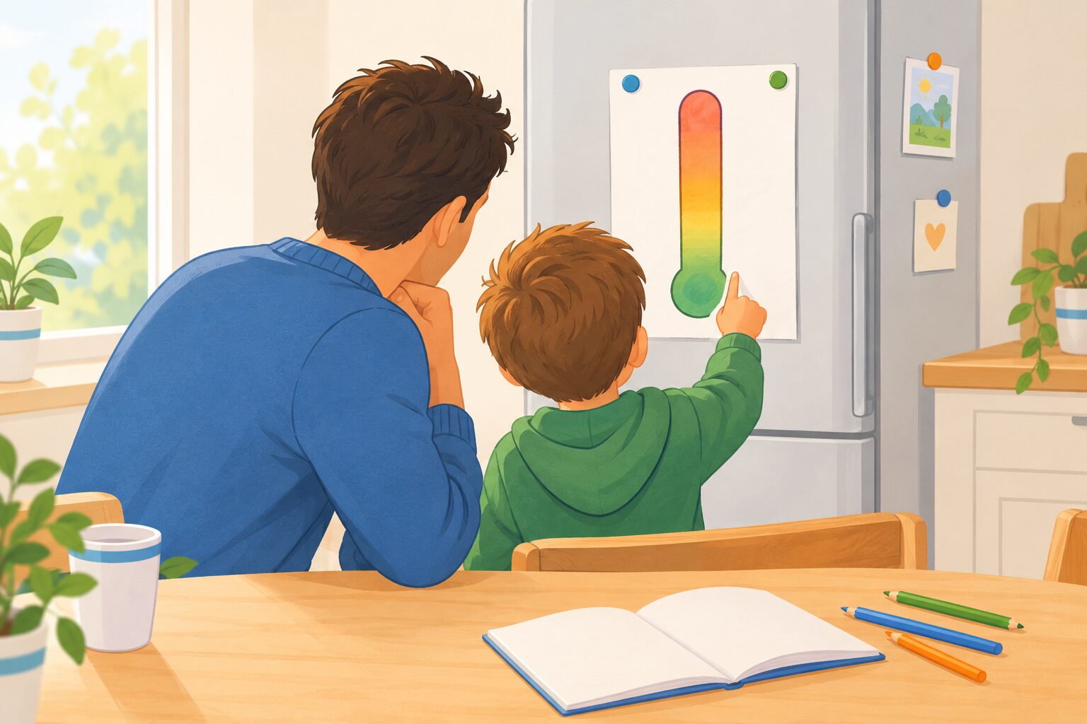 Un enfant montre à son parent un thermomètre des émotions dessiné, du vert calme au rouge de la colère, collé sur le frigo
